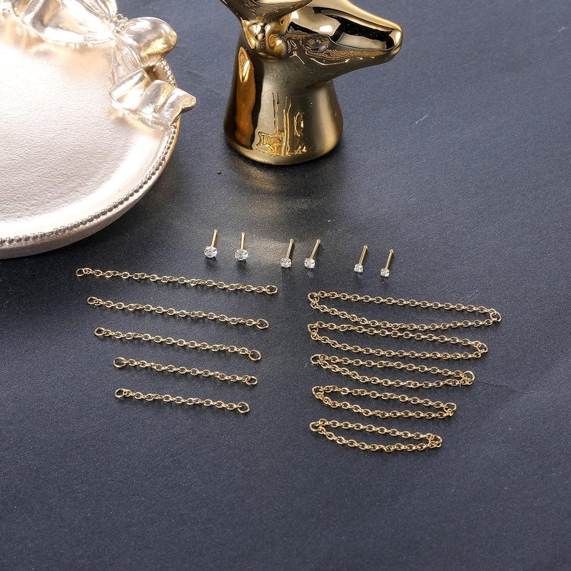 PunkTracker Nose Rings 20G - 2mm, 2.5mm, 3mm CZ Studs with Chain - Surgical Steel Nose Piercing Jewelry - Image 5